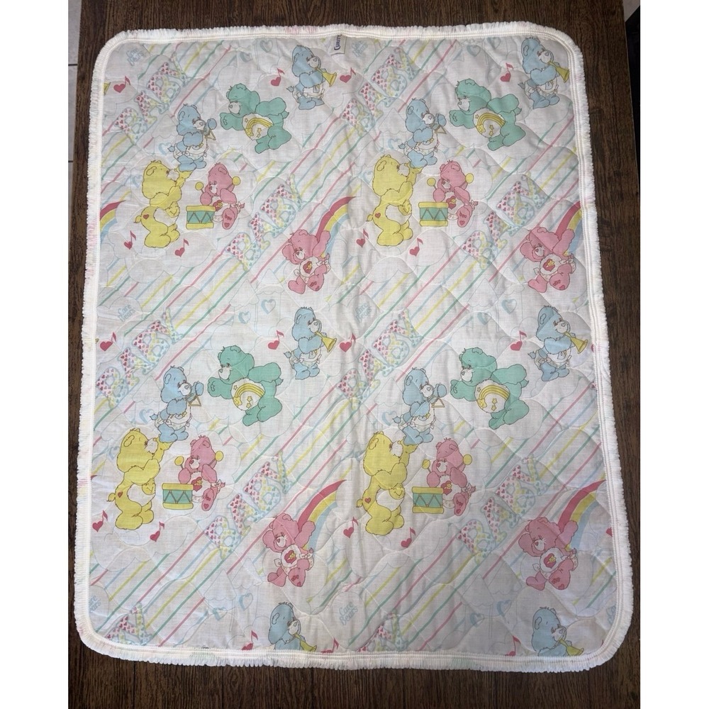 Vintage 1980s Curity Care Bears Quilted Pastel Music Baby Blanket